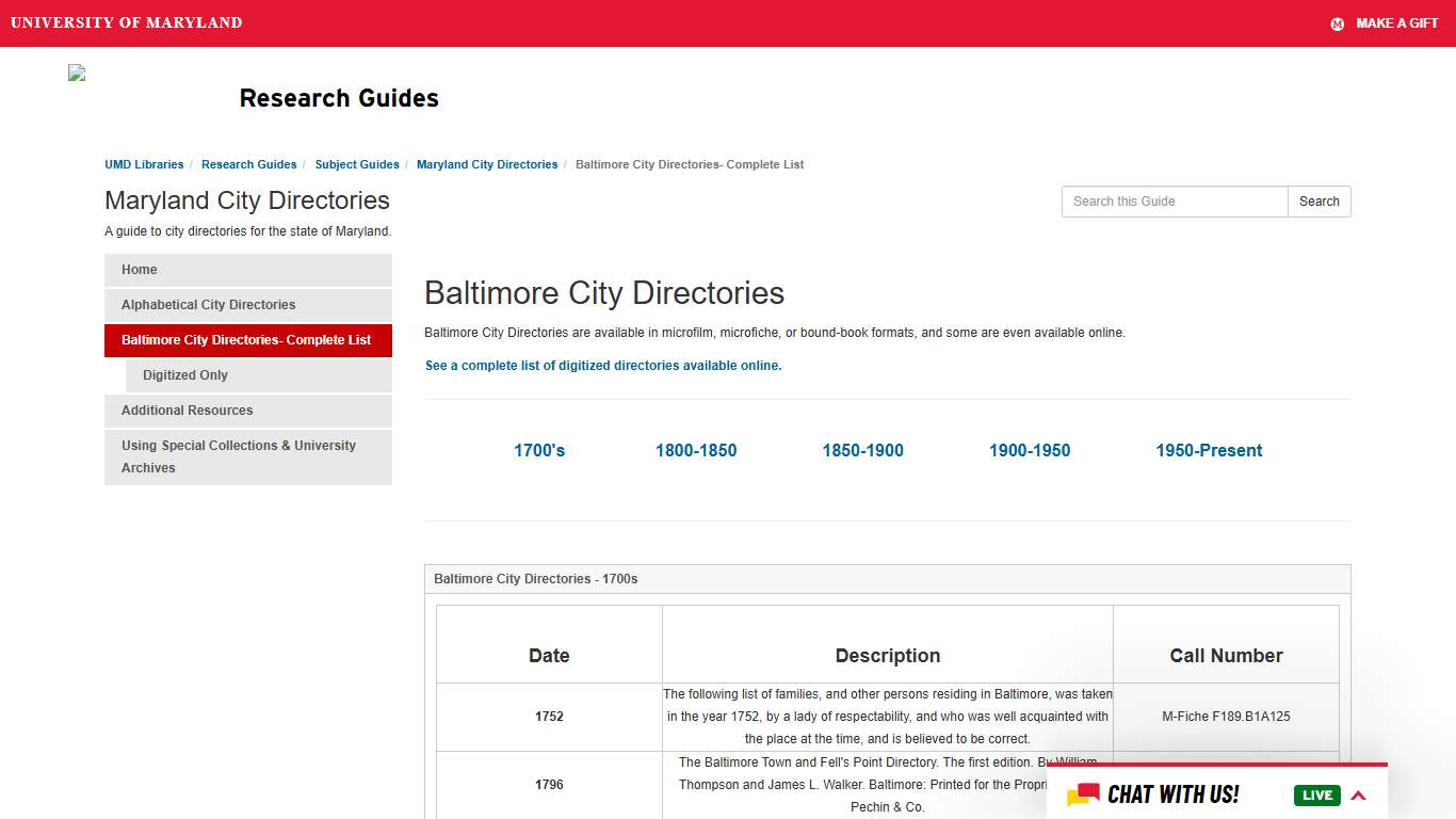 Baltimore City Directories- Complete List - Maryland City Directories - Research Guides at University of Maryland Libraries